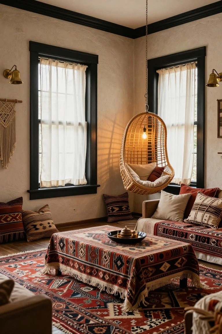 Living room corner with black-trimmed windows and ceiling edges, light beige walls, hanging rattan swing chair with pillows, low sofas, floor cushions, and a large red-and-black kilim rug under a low table.
