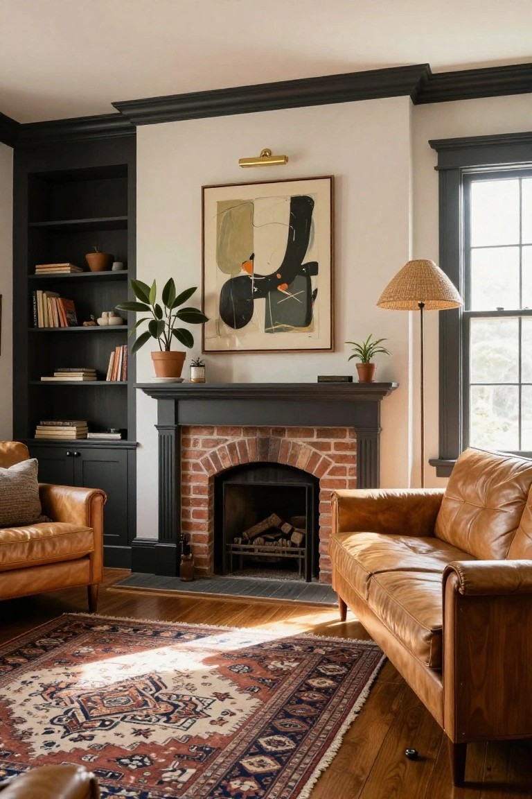 Living room featuring white walls with black crown molding and window trim, dark built-in bookshelves beside a brick fireplace, tan leather sofas on a patterned rug, abstract artwork, plants, and a rattan floor lamp near a window.