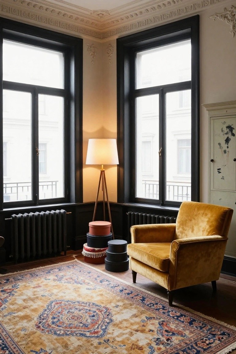 Yellow velvet armchair beside tall windows with stacked ottomans and glowing lamp.