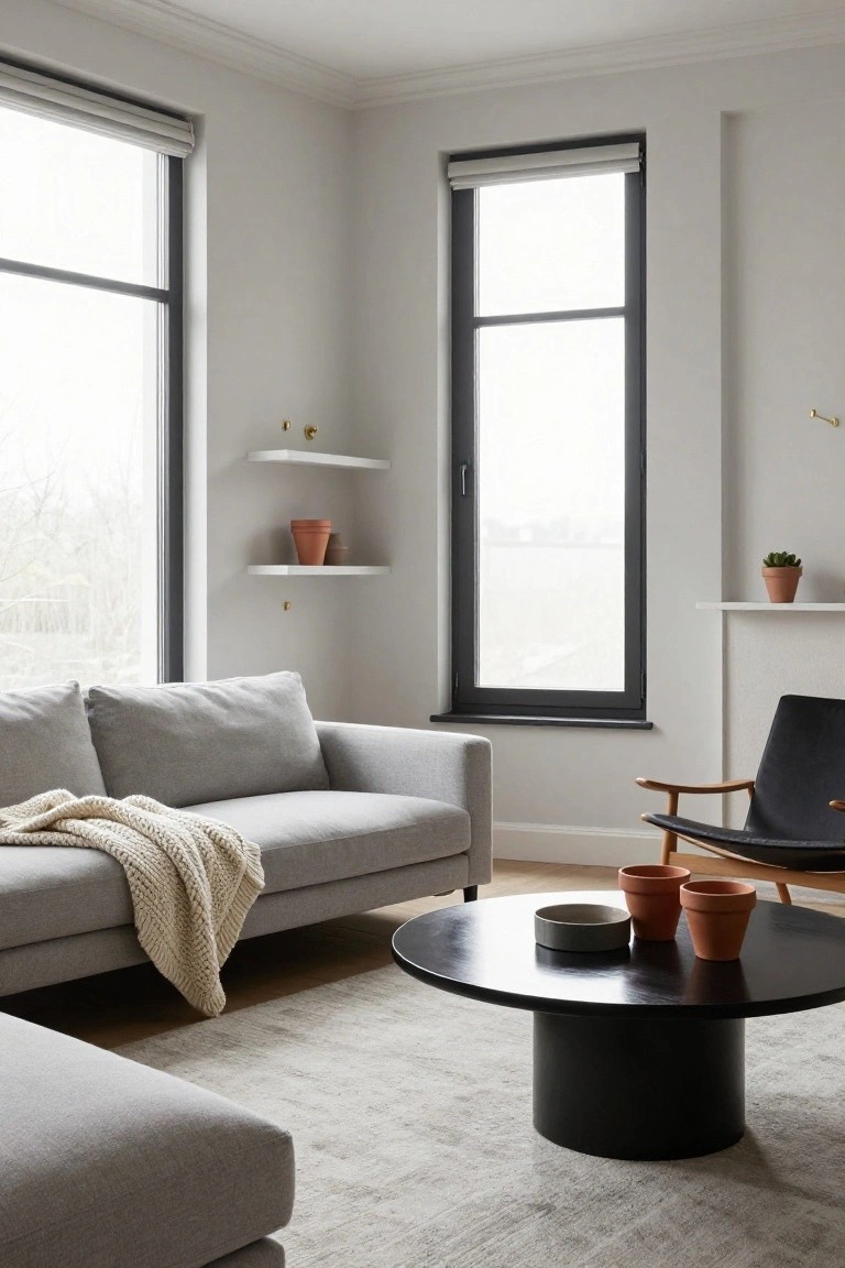 A modern living room corner with light gray sofas, a black round coffee table holding terracotta pots and a gray dish, a black leather armchair with wood arms, white floating shelves with potted plants, and tall black-framed windows on white walls.
