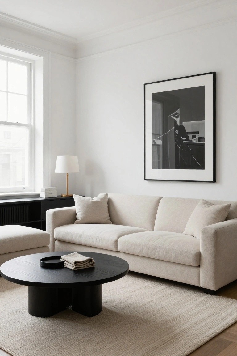A minimalist living room with white walls, beige sofa, black wood coffee table on a light rug, gold table lamp, and large black-framed photograph next to a window.