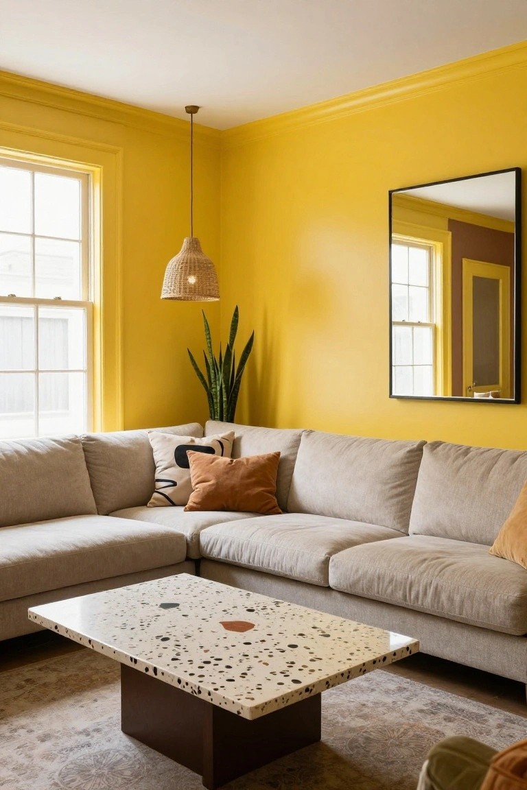 Living room corner featuring bright yellow walls with white trim around windows and ceiling, beige L-shaped sofa with orange pillows, white terrazzo coffee table with dark base, rattan pendant light, snake plant, black-framed mirror, and beige rug.