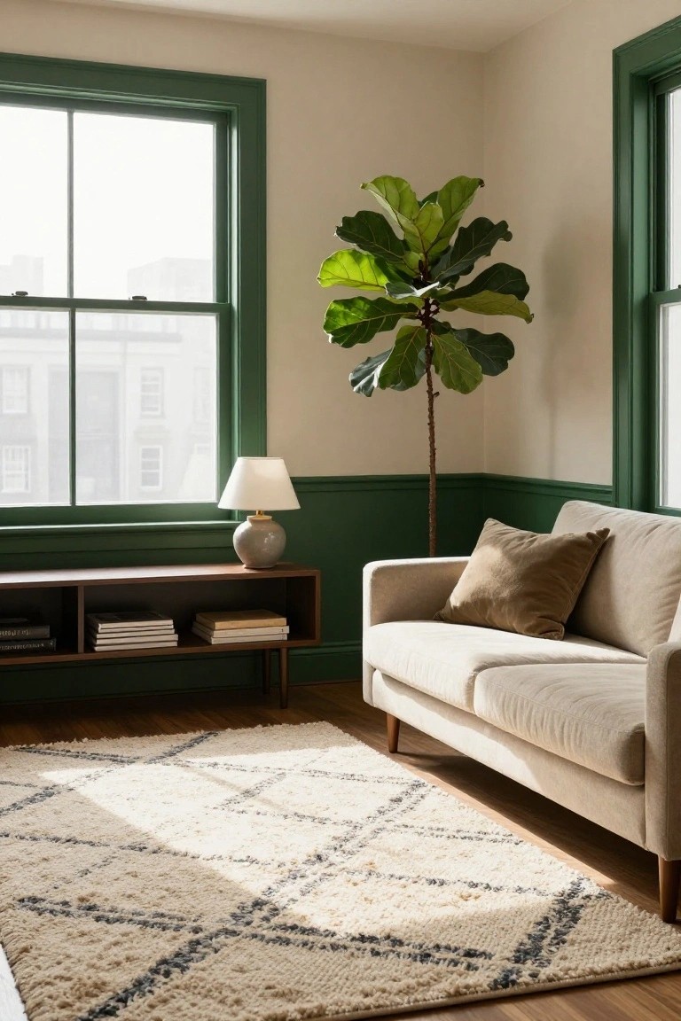 Living room corner with cream walls and dark green window frames and trim, tall fiddle leaf fig plant, beige sofa with brown pillow, wooden sideboard with books and ceramic lamp, white and black rug on hardwood floor.