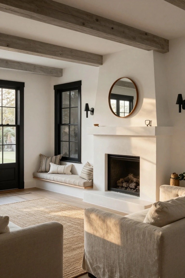 Sunlit living room with white walls and fireplace, black-trimmed windows and door, exposed wood ceiling beams, round wood mirror, built-in bench with pillows, beige sofa, and seagrass rug.