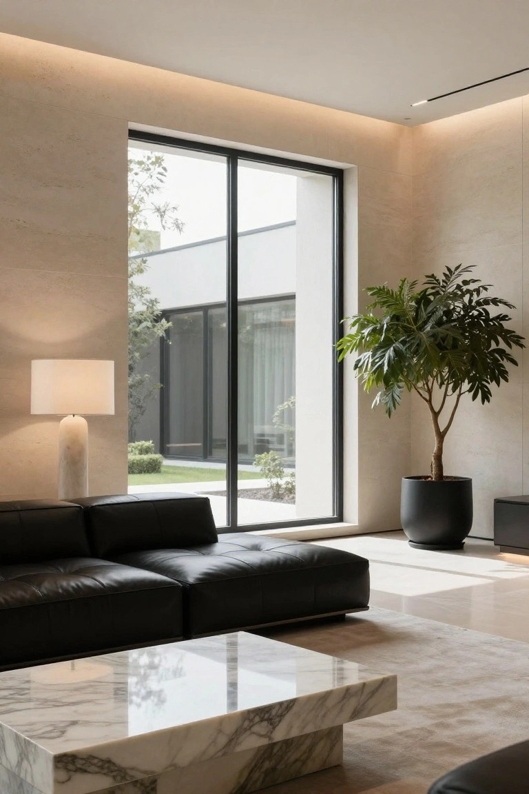 Modern living room featuring a black leather L-shaped sofa, white marble coffee table, tall potted plant in black pot, floor lamp on marble base, large black-framed sliding windows overlooking a landscaped garden, light beige walls and porcelain tile floor.