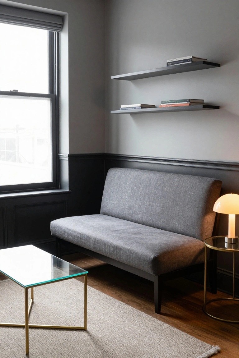 A living room corner with pale gray walls and black wainscoting, a gray fabric sofa, glass coffee table with gold frame, brass side table holding a lamp, floating black shelves with books, large window with dark frame, and light wood floor under a beige rug.