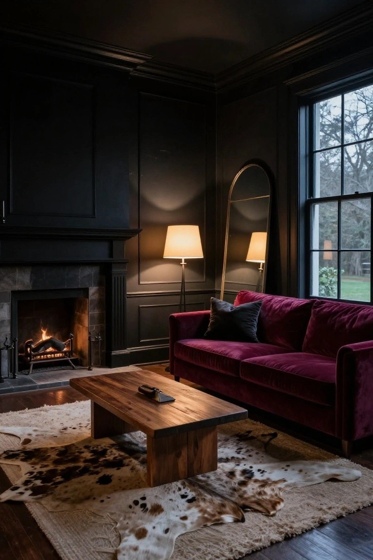 Dark paneled living room corner with black-trimmed fireplace, deep red velvet sofa, wooden coffee table on cowhide rug, arched floor mirror, floor lamp, and window showing trees outside.