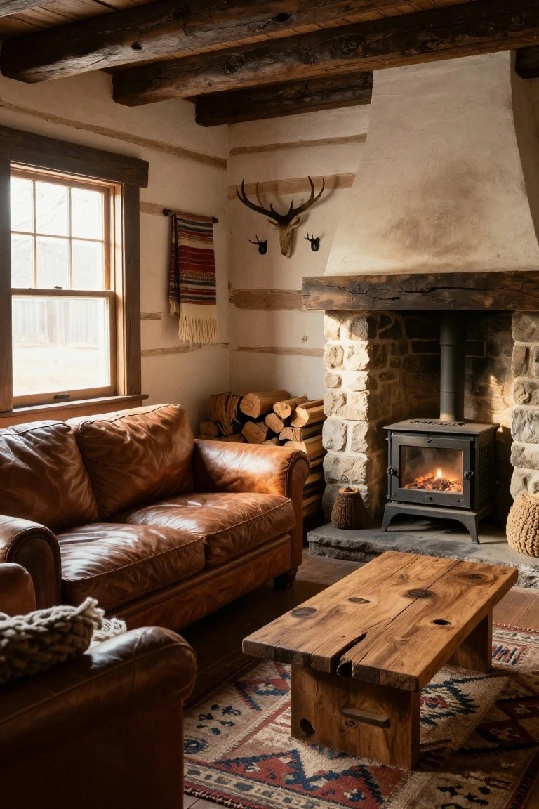 Living room interior with dark exposed wood beams on white chinked log walls, leather sofa facing a wood-burning stove in stone fireplace, firewood stack, antler mount, and woven rug.