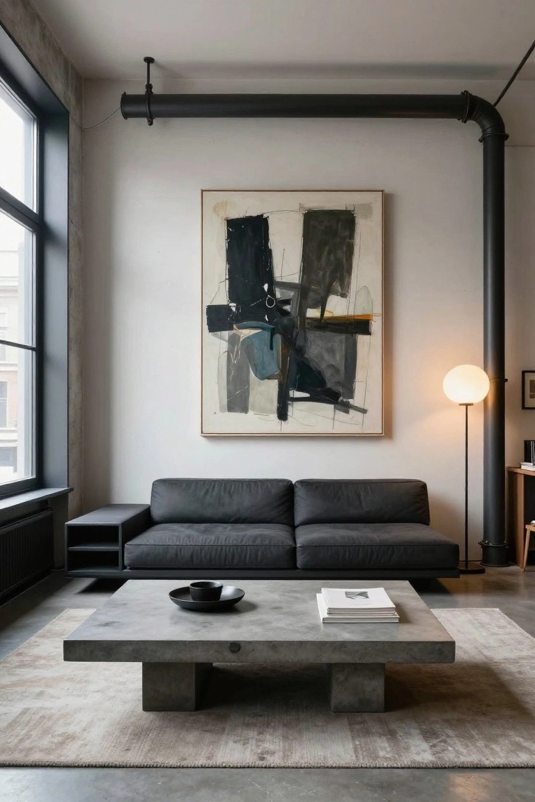 Modern living room featuring a gray L-shaped sofa, concrete coffee table with a book and bowl, large abstract painting on white wall, white orb floor lamp, exposed black pipes, and large windows with city view.