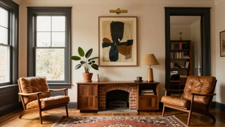 Living room featuring white walls with black crown molding and window trim, dark built-in bookshelves beside a brick fireplace, tan leather sofas on a patterned rug, abstract artwork, plants, and a rattan floor lamp near a window.