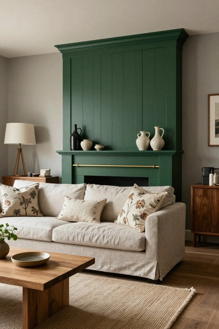 Cozy living room with green mantel, beige sofa, wooden coffee table.