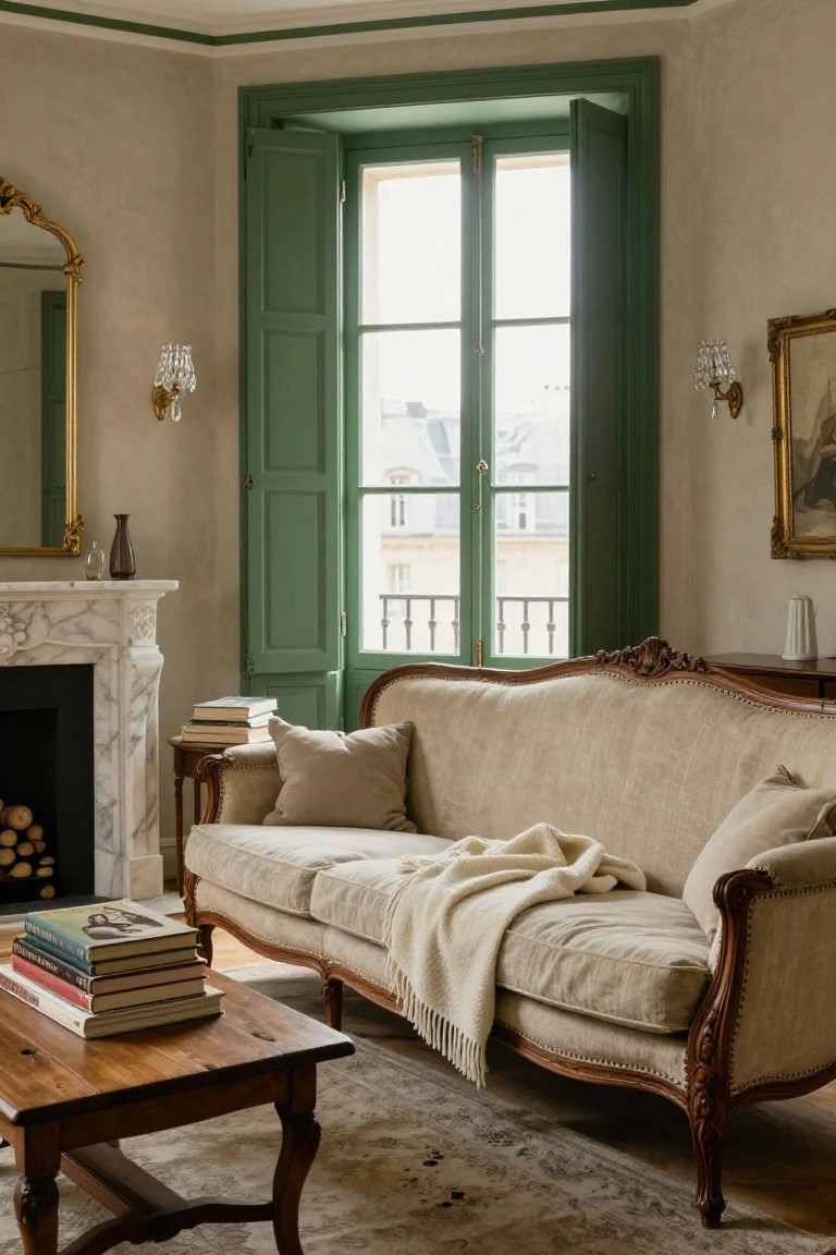 A beige living room with a linen sofa draped in a white throw, wooden coffee table stacked with books, marble fireplace, and tall green-shuttered windows open to a balcony.