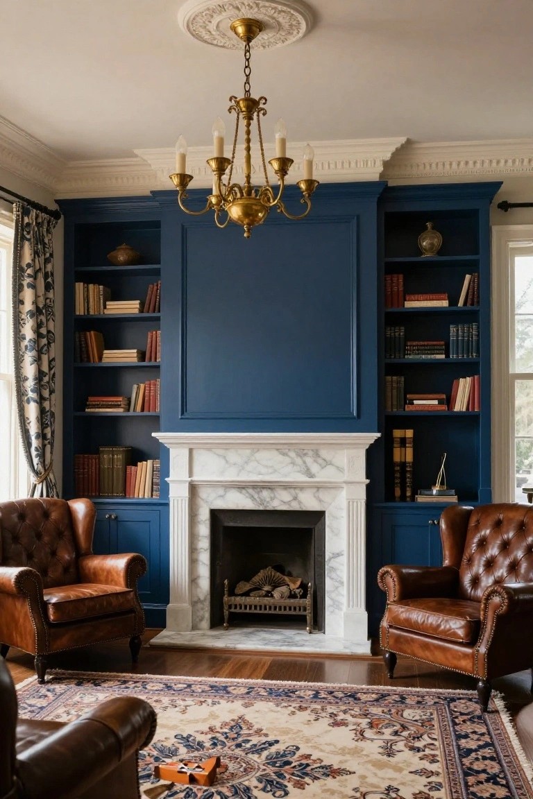 Living room with navy blue built-in bookshelves flanking a white marble fireplace, two brown leather wingback chairs, brass chandelier overhead, and oriental rug on wood floor.