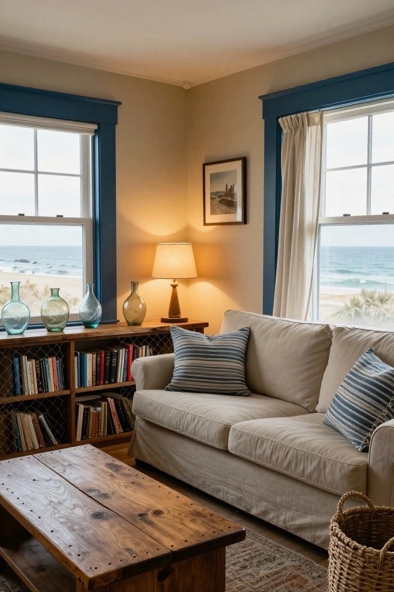 Cozy living room corner with pale beige walls and navy blue trim around large ocean-view windows, cream linen sofa with blue-striped pillows, wooden bookshelves filled with books, driftwood coffee table, lamp, glass bottles, and wicker basket on beige rug.