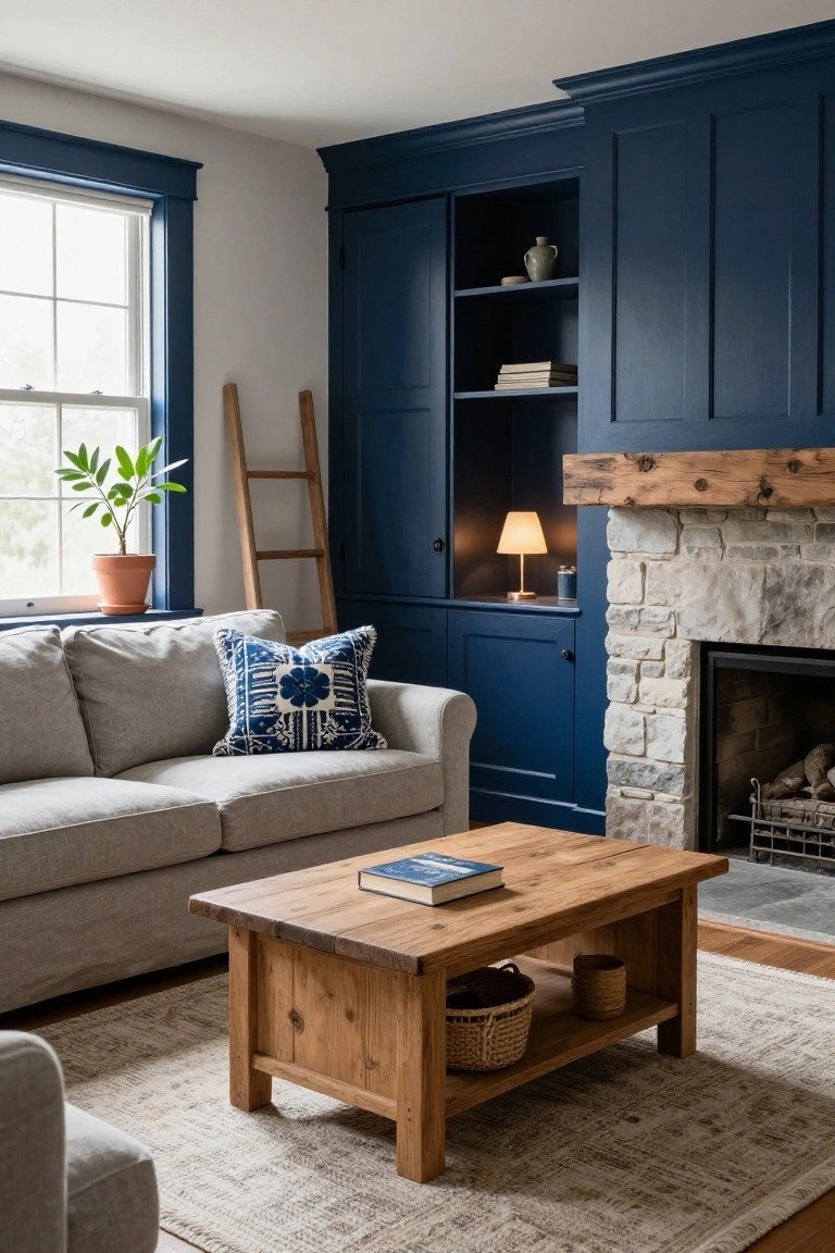 Living room with navy blue built-in cabinets flanking a stone fireplace and wood mantel, light gray sofa, wooden coffee table with baskets, potted plant by window, and ladder leaning against wall.