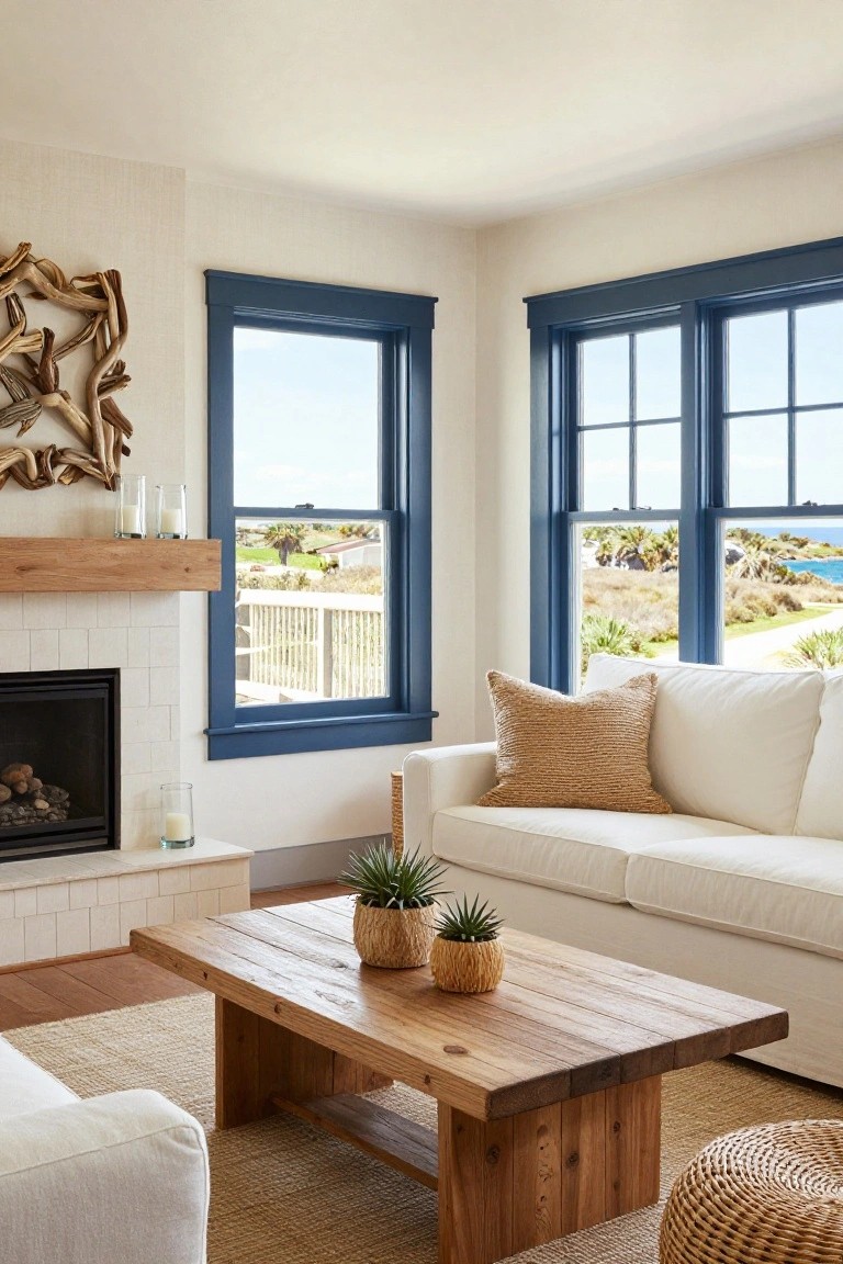 Living room with white walls, navy blue window trim, white sofa, wooden coffee table with potted plants, and brick fireplace overlooking ocean landscape.