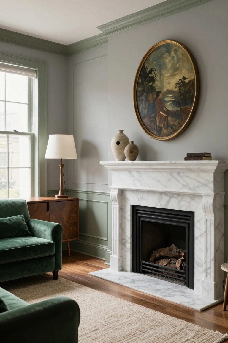 Light gray living room featuring sage green trim and moldings, white marble fireplace with oval painting and ceramics above mantel, green velvet sofa, wood credenza, floor lamp, and hardwood floors with neutral rug.