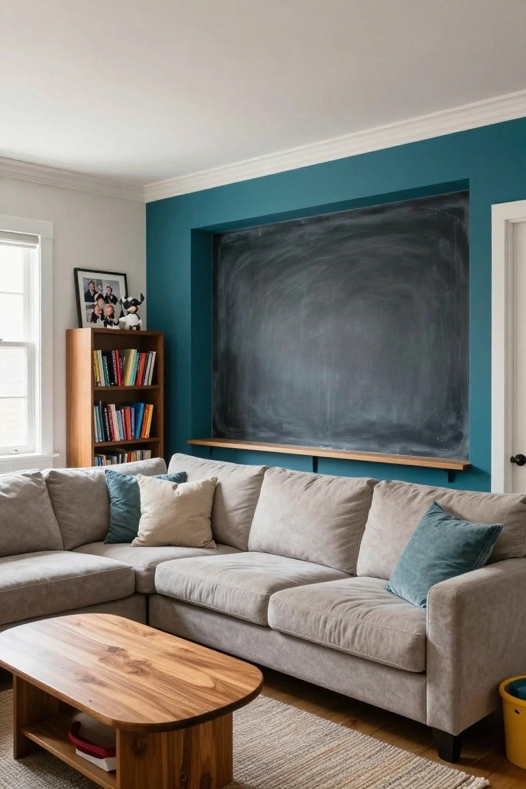 Living room with teal accent wall featuring a large chalkboard framed by white crown molding, gray L-shaped sofa, wooden coffee table and bookshelf, and books on shelves.