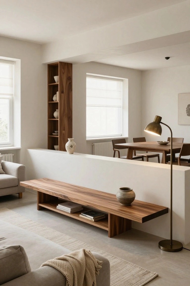 Light-filled living and dining room interior with white half-wall partition, wooden bench against it, wooden shelving unit with ceramics, gray sofa, wood dining table and chairs, brass floor lamp.