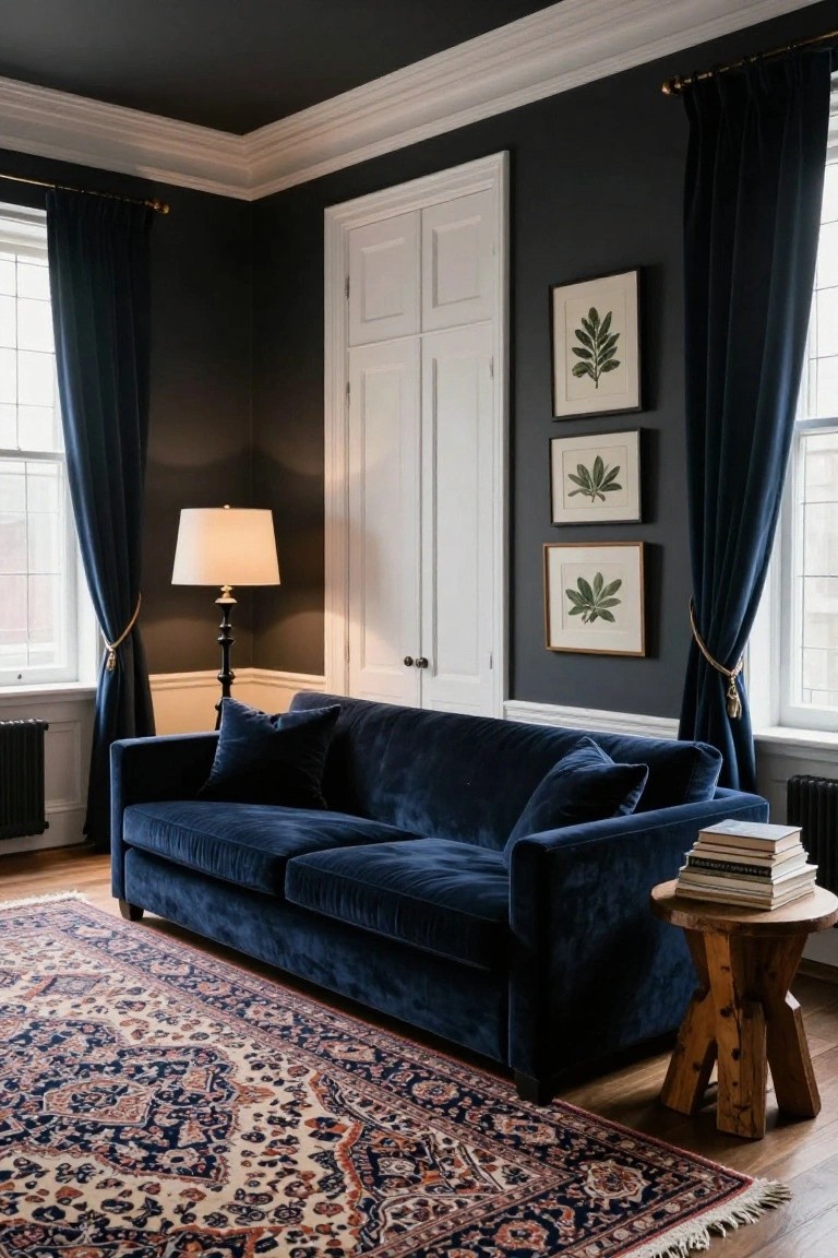 A living room featuring a navy velvet sofa on a Persian rug, dark gray walls and ceiling with white paneled doors and trim, navy curtains on windows, a floor lamp, and botanical prints on the wall.