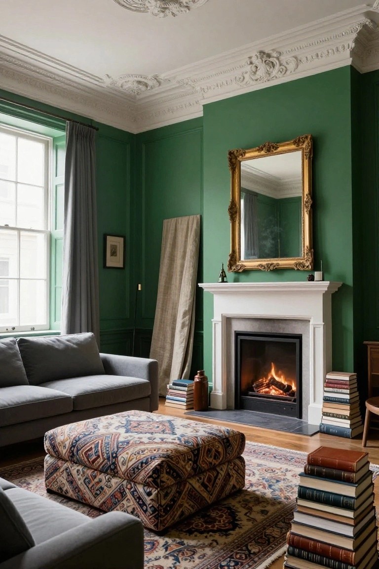 A living room with emerald green walls, white crown molding on the ceiling, white fireplace mantel with gas fire burning, gold-framed mirror above, gray L-shaped sofa, patterned footstool, Persian rug, and stacks of books on wooden floor.