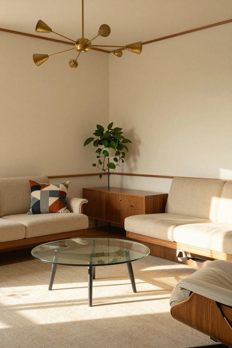 Corner of a light-filled living room with two cream sofas, round glass coffee table on black metal legs, wood sideboard, potted plant, gold sputnik chandelier, and wood Eames lounge chair on beige rug.