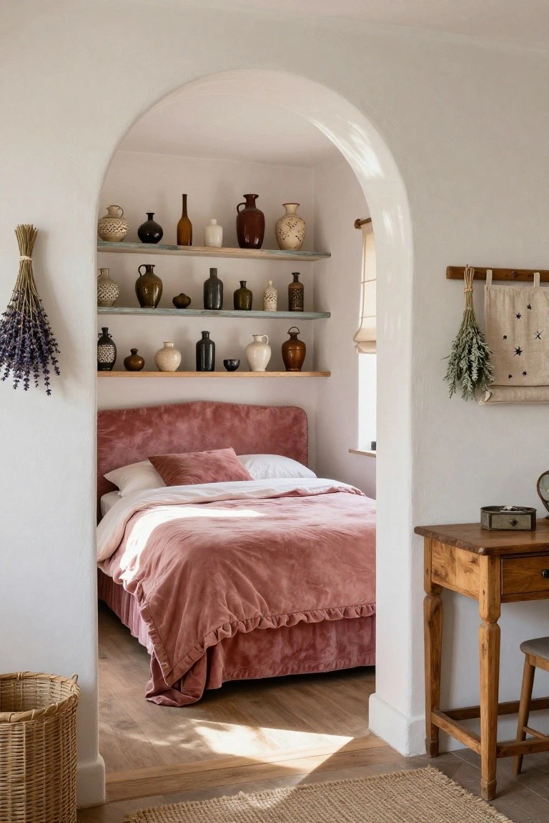 White arched doorway framing a bedroom with wooden shelves displaying assorted ceramic vases, jugs, and bottles, blush pink velvet bed, wooden desk with clock, wicker basket on floor, and natural light streaming in.