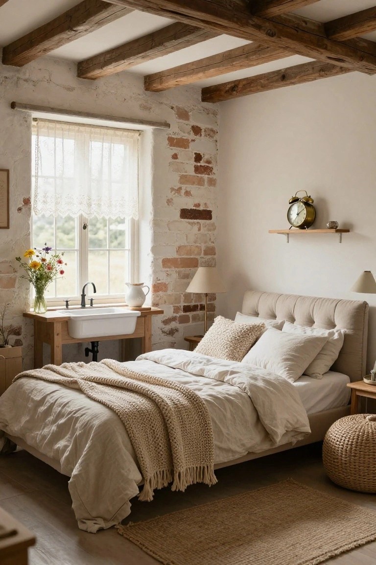 Cozy bedroom interior with exposed wooden ceiling beams, brick accent wall, wooden farmhouse sink stand beside a beige tufted bed with layered linens and knit throw, rattan pouf, and window with sheer curtains overlooking fields.