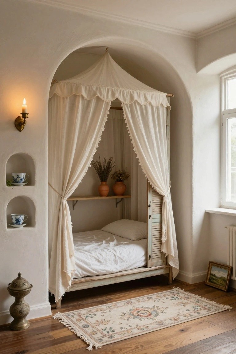 Arched white wall recess containing a low white bed with sheer canopy drapes, wooden shelves with pottery and potted plants, a candle lantern on the wall, and a woven rug on wood floors.