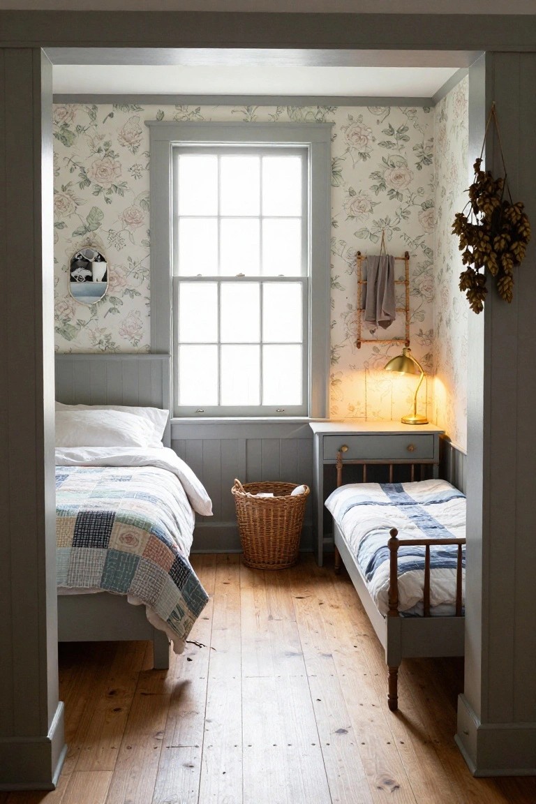 A small bedroom viewed from the doorway with two wooden beds pushed against opposite walls, one with a patchwork quilt and the other with striped bedding, floral wallpaper on the walls, a window, wooden floors, and wicker baskets on the floor.