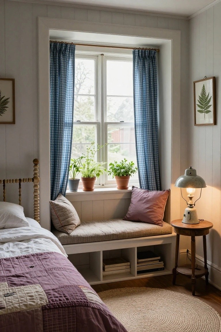Bedroom corner with built-in white window bench seat holding pink cushions and pillows, blue checkered curtains on multipane window with potted plants on sill, spool bed with purple quilt, bookshelves under bench, vintage lamp on wood side table, and fern artwork on wall.