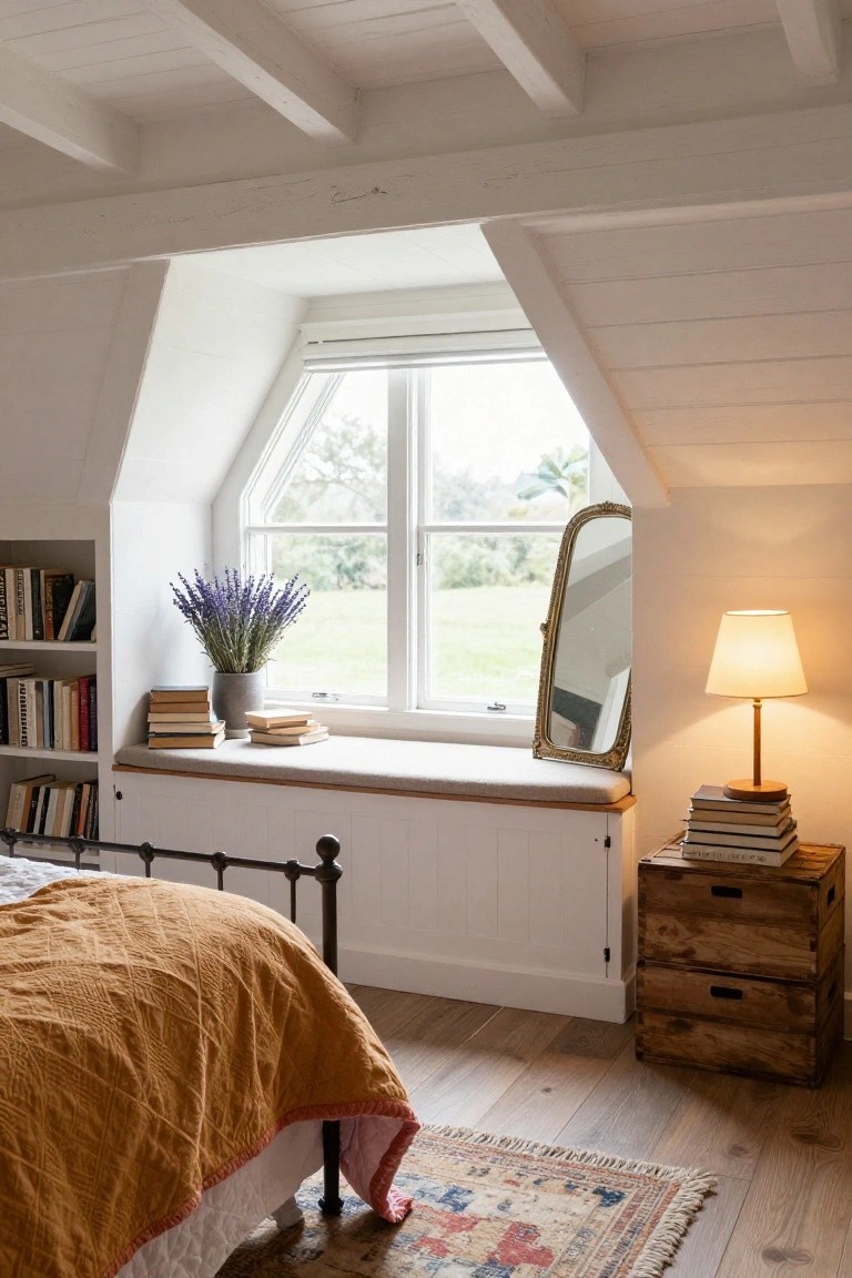 White attic bedroom with dormer window seat topped by books and lavender flowers, iron bed draped in orange quilt, built-in bookshelves, gilded mirror, lamp on wooden crate nightstand, and patterned rug on wood floor.
