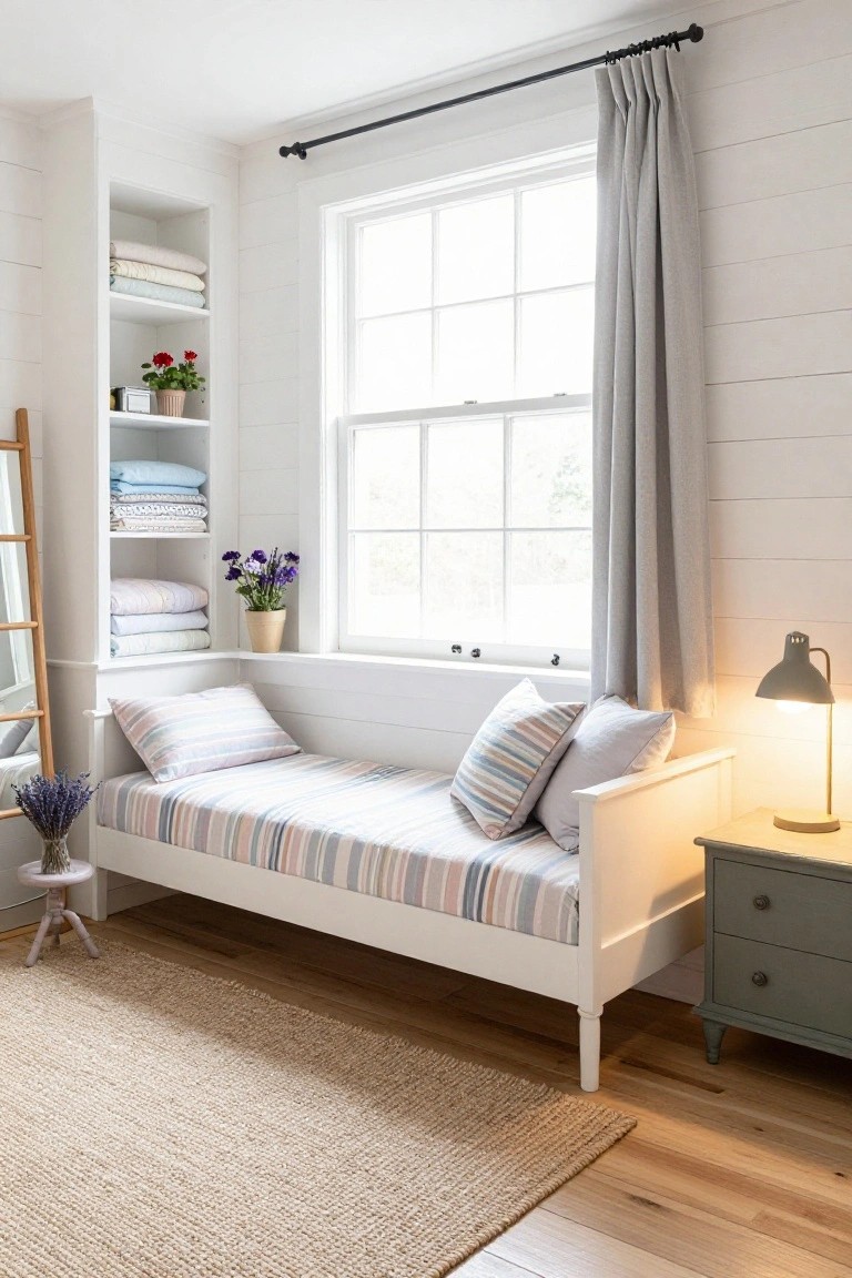 White wooden daybed with pastel striped bedding and pillows positioned beneath a large window in a shiplap-paneled room, with open shelves holding folded linens and potted plants on the left, a small stool with lavender nearby, and a green lamp on a nightstand to the right.