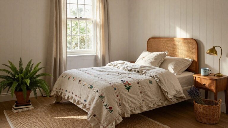 Sunlit bedroom interior with rattan headboard, white embroidered bedding, wooden nightstand with brass lamp, enamel mug, books, potted fern plant, and basket of dried lavender on seagrass rug.