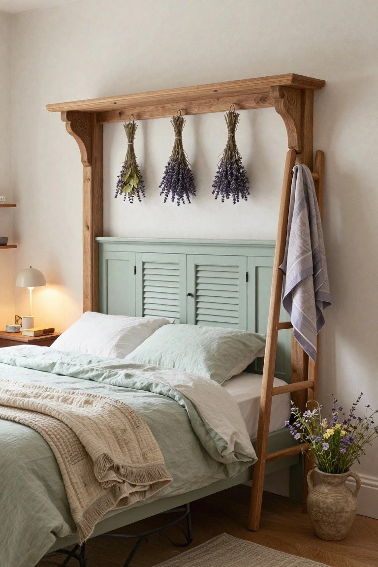 Bedroom featuring a wooden arched headboard with hanging dried lavender bundles, mint green louvered doors, white and green bed linens, a leaning wooden ladder draped with a towel, bedside lamp and table, and a terracotta vase of wildflowers on the floor.