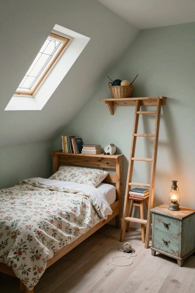 Cozy attic bedroom featuring a single wooden bed with floral bedding, a tall wooden ladder shelf with books and a clock, a green painted wall, sloped ceiling with skylight, oil lantern on a distressed side table, and wooden flooring.
