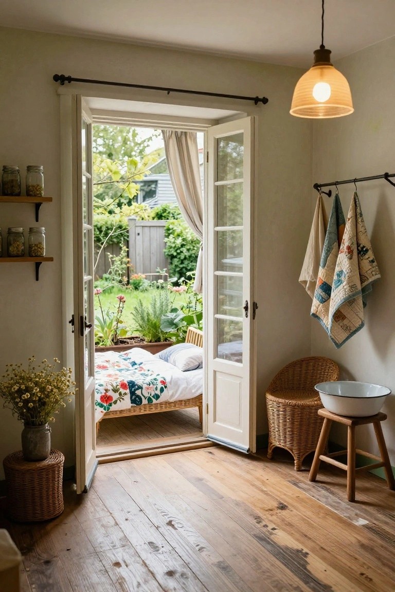 Interior of a cozy bedroom with white French doors open to a lush backyard garden, a bed with floral quilt and pillows visible, wicker chairs and stool, hanging towels and quilts on a rod, jars on shelves, and hardwood floors.