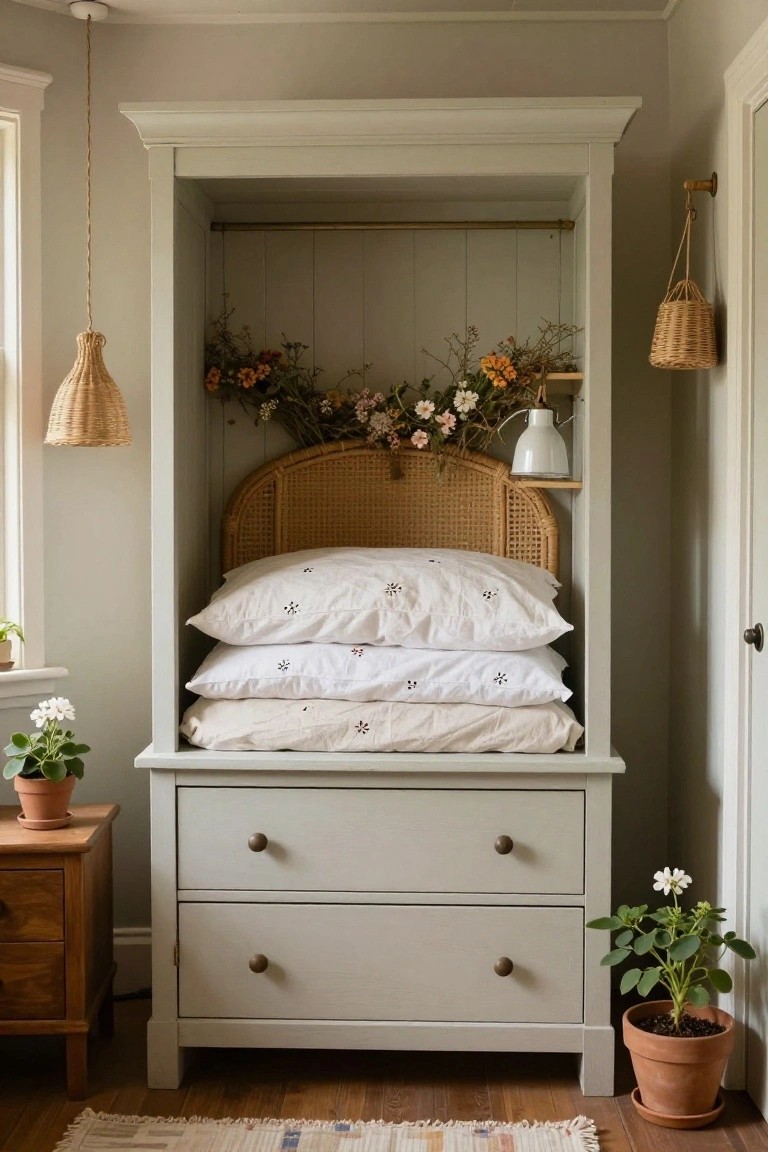 Pale gray open wardrobe with woven rattan headboard arch, stacked white embroidered pillows and sheet inside, dried flowers and brass lamp on shelf, next to wooden nightstand and potted plants in bedroom corner.