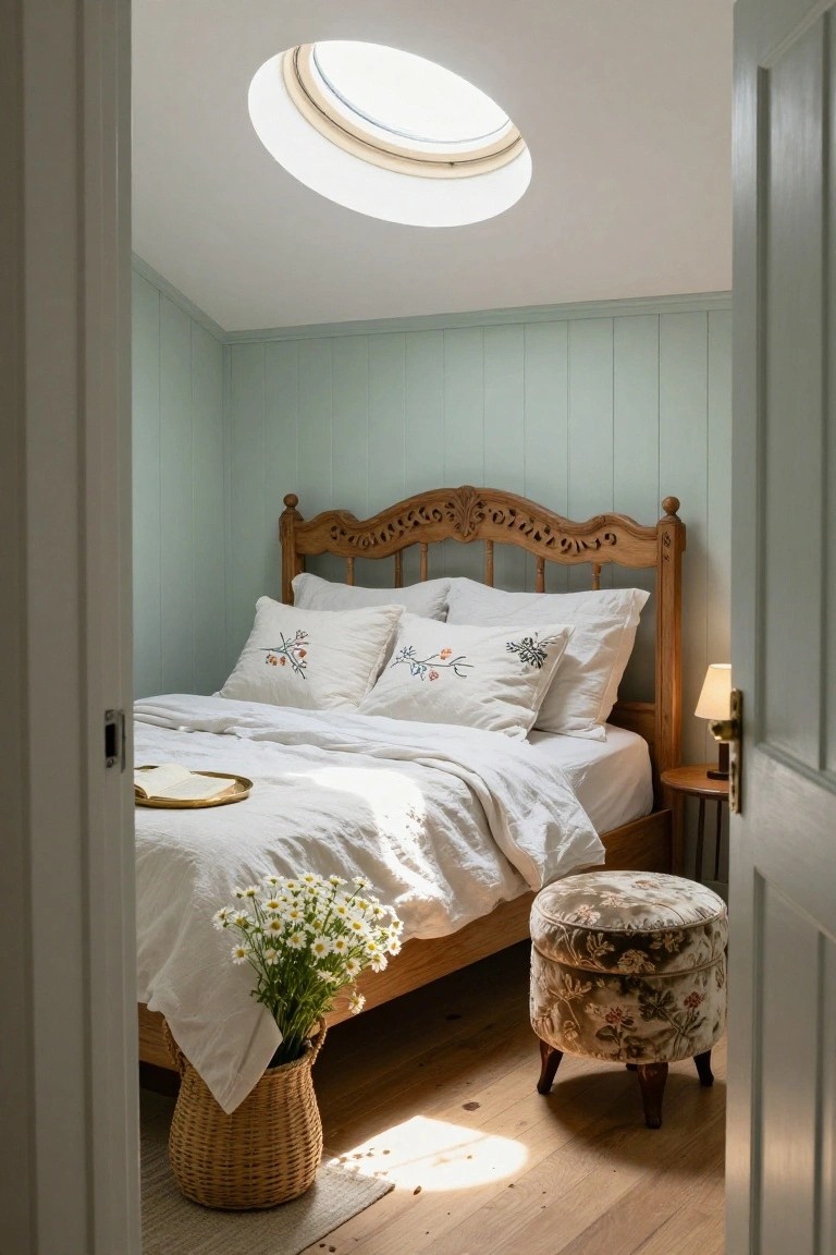 Small attic bedroom viewed from open doorway with sloped white ceiling, round skylight, mint green vertical wood paneling on walls, antique carved wooden headboard and bed frame with white linens and embroidered pillows, bouquet of white daisies in wicker basket on wooden floor, upholstered footstool, wooden side table with lamp, and open book on gold tray.