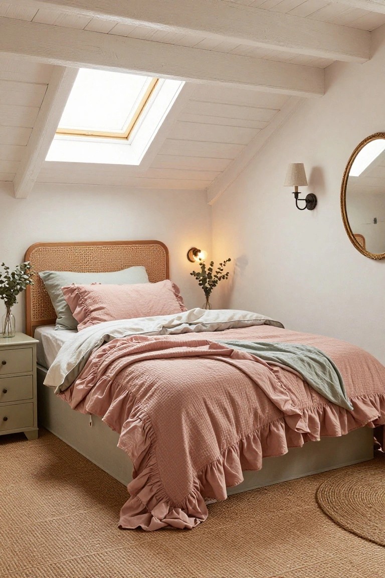 Small attic bedroom with rattan headboard, pink ruffled bedding in pastel tones, skylight in sloped whitewashed ceiling, wall lamps, eucalyptus vase, seagrass rug, and nightstand.