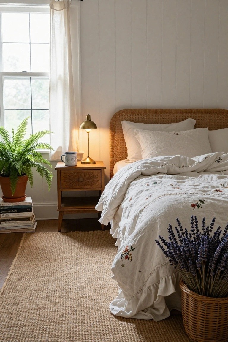Sunlit bedroom interior with rattan headboard, white embroidered bedding, wooden nightstand with brass lamp, enamel mug, books, potted fern plant, and basket of dried lavender on seagrass rug.