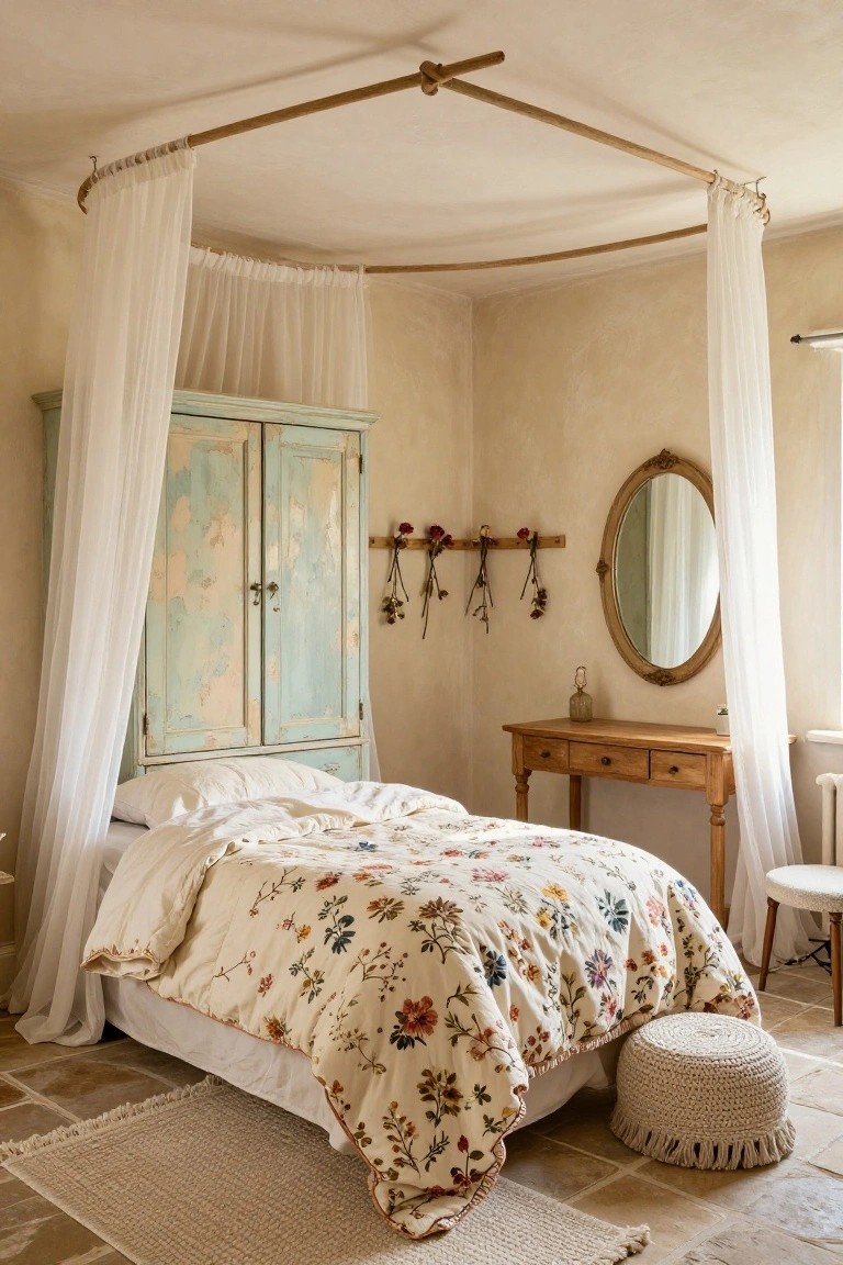 Bedroom corner with bed under arched bamboo canopy draped in sheer white curtains, turquoise painted armoire, wooden desk with lamp, oval mirror, dried flowers on wall, pouf stool, and rug on terracotta tile floor.