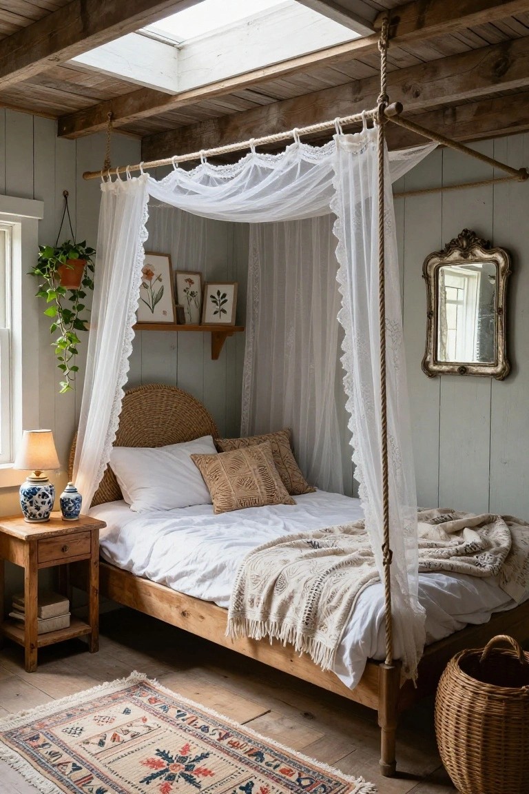 Bedroom interior with a wooden bed having rattan headboard under a white sheer canopy suspended by ropes from ceiling beams, flanked by nightstands with lamps and vases, plants, shelves, mirror, rug, and basket.