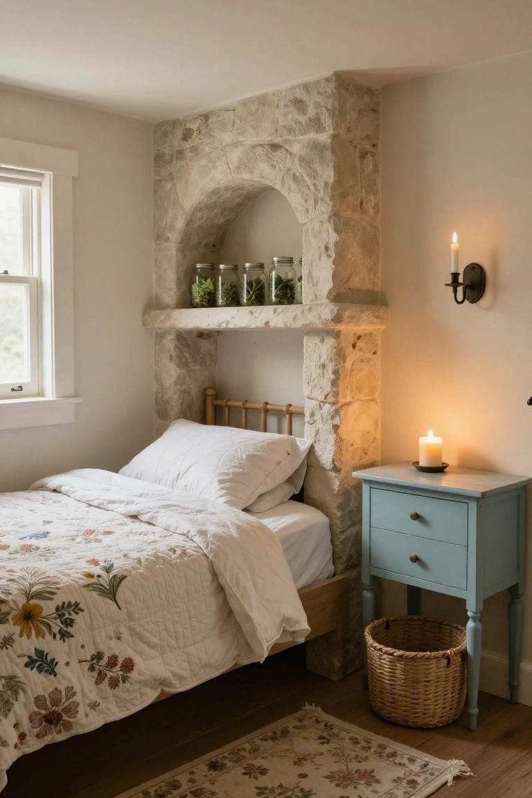 Bedroom with wooden bed frame under beige stone arched niche shelf holding glass jars of plants, turquoise nightstand with white candle, wicker basket below, and floral quilt on bed.