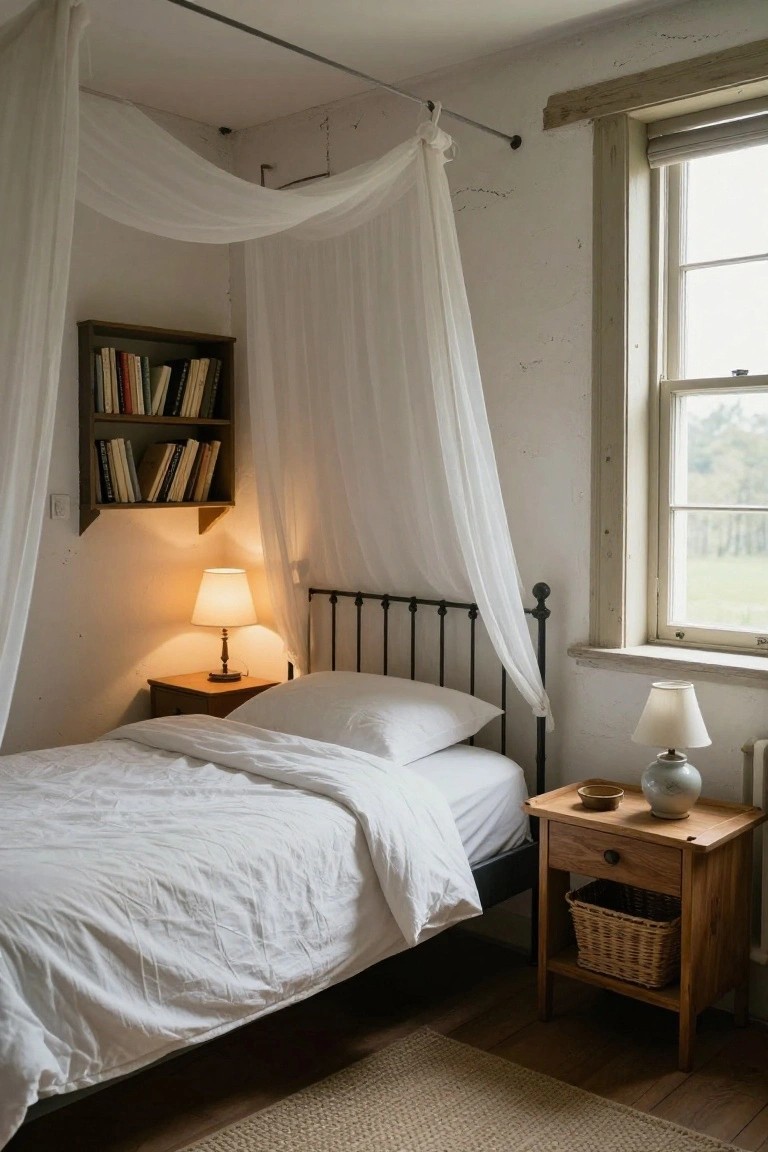 Small bedroom corner with white iron bed under draped sheer white canopy, wooden bookshelves with books above the bed, two wooden nightstands with lamps and vase, large window with view of fields, and beige rug on wood floor.