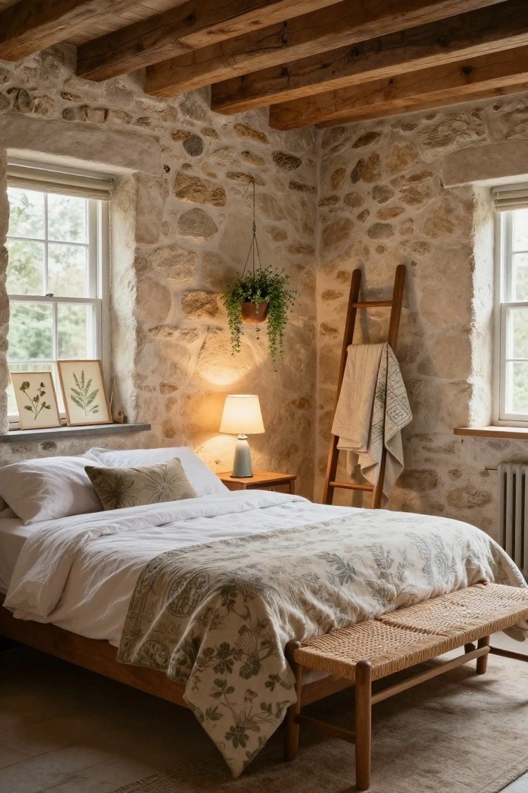 Cozy bedroom with exposed stone walls, wooden beamed ceiling, double bed draped in white sheets and green floral quilt, wooden ladder holding folded blankets, hanging plant, bedside lamp on wood table, and rattan bench at bed foot.