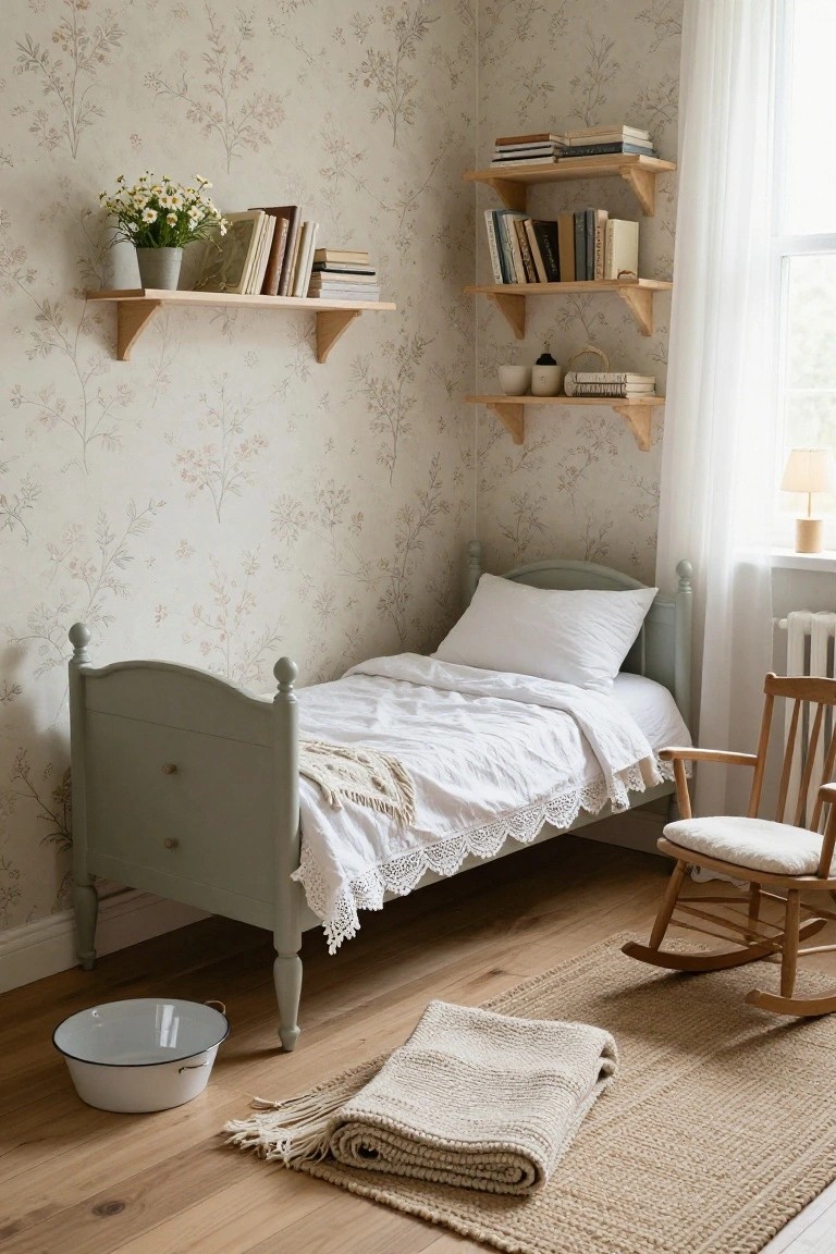 Corner of a light-filled bedroom with beige floral wallpaper, wooden floating shelves holding books, plants, and ceramics, a pale green spindle bed with white linens and lace trim, a wooden rocking chair, woven rug, and metal basin on hardwood floors.