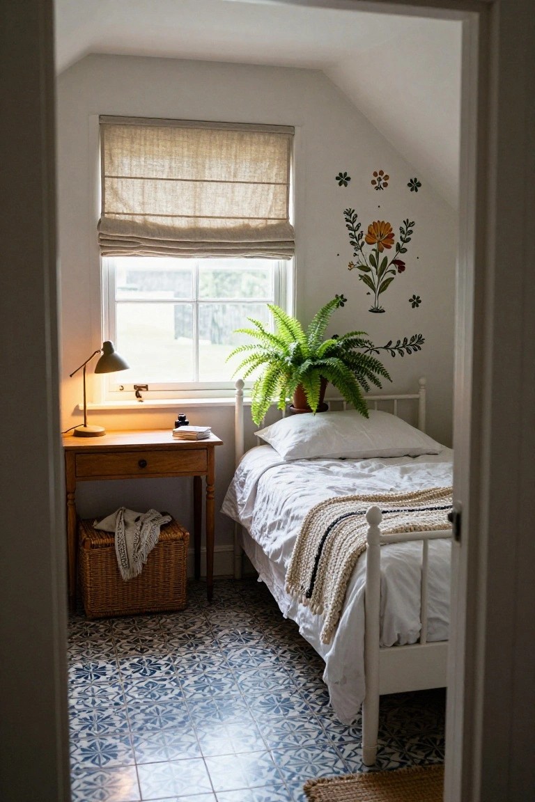 View from doorway into a small attic bedroom with sloped white ceiling, tall potted fern plant between wooden desk and single white bed, linen Roman shade on window, floral leaf decals on walls, and blue patterned tile floor.