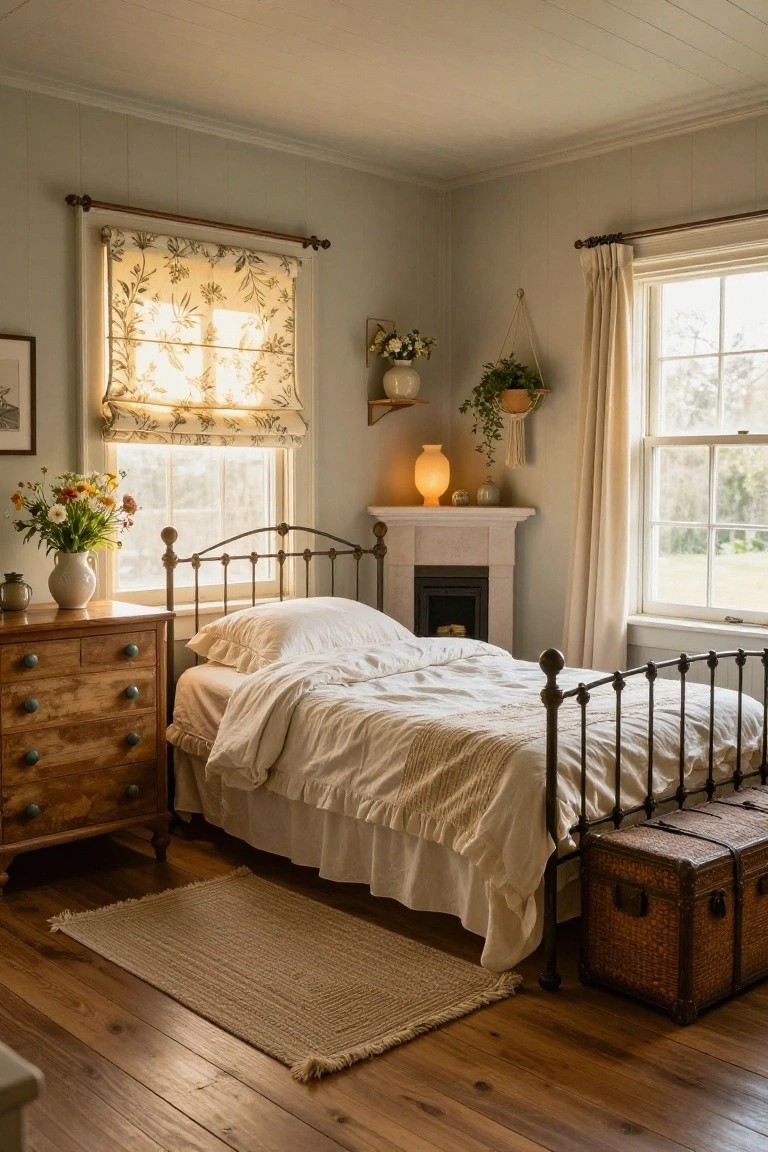 Sunlit bedroom interior with brass-knobbed iron bed draped in white ruffled linens, wooden dresser, small fireplace, potted plants, and floral-curtained windows.