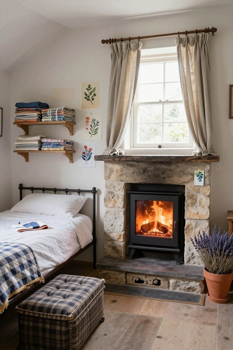 Small cottage bedroom with a lit wood-burning stove in a stone surround next to a metal bed, shelves holding folded linens and blankets, a checkered footstool, potted lavender plants, and a beige rug on wooden floors.